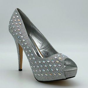 Valenti Franco Honey 2 Silver Peep Toe Rhinestone Stiletto High Heels